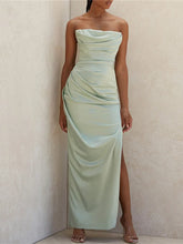 Satin Bodycon Tube Dress Sleeveless Ruched Spring Fall Summer Party Club Evening Gown Maxi Dress